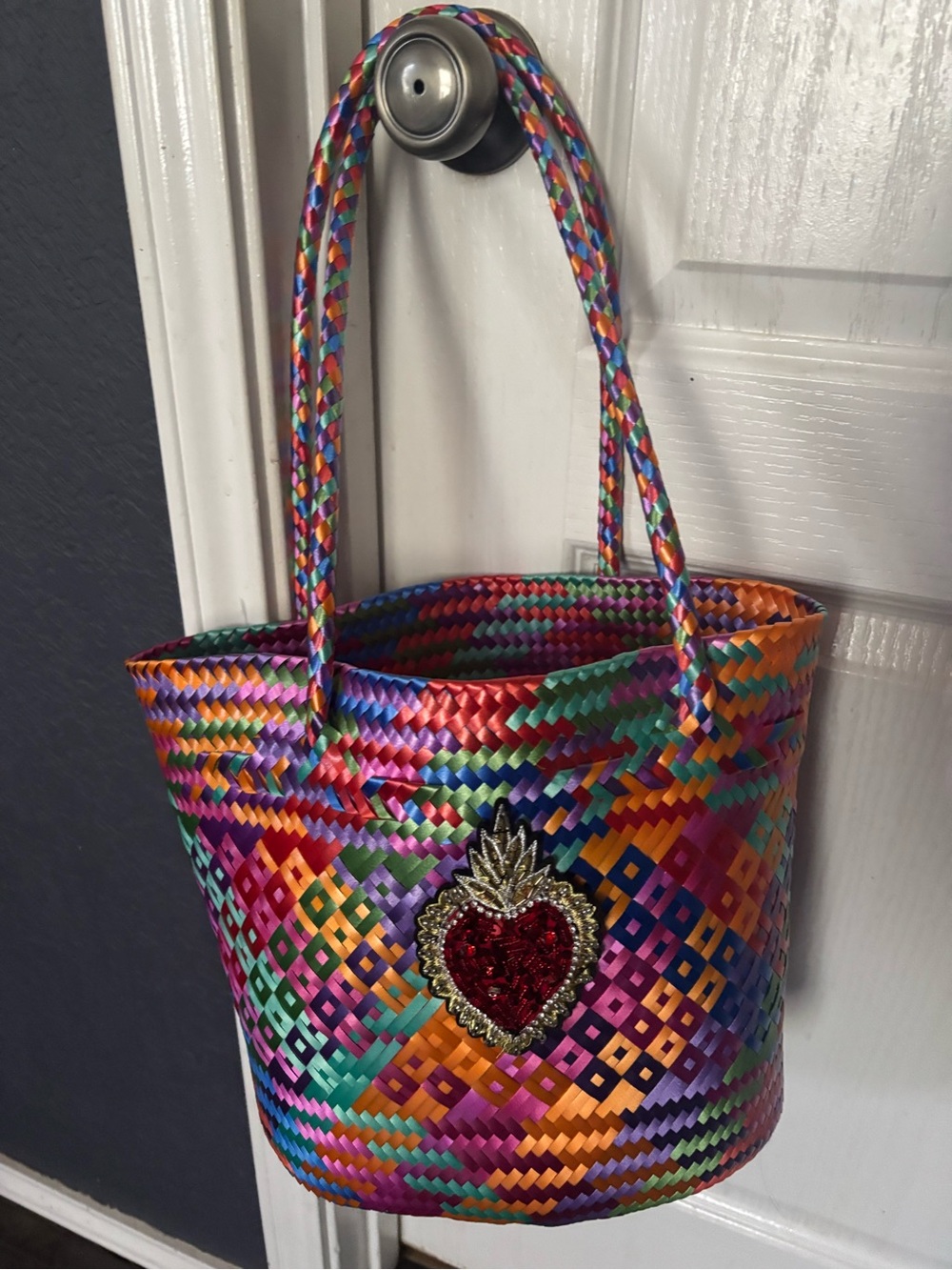 Multicolor Woven Tote with Red Heart Appliqué